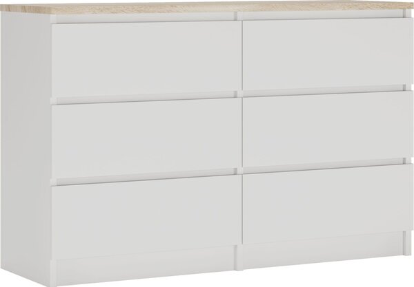 Komoda 6 zásuvek, barva: matná bílá / dub Sonoma TOP, 120 cm x 39 cm x 78 cm