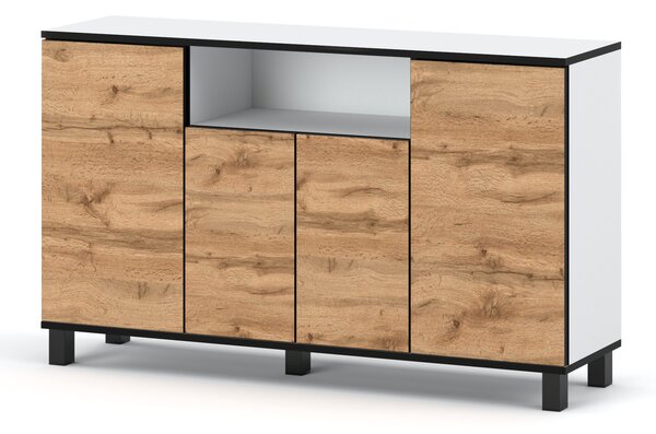 STIV Möbel | Komoda 140x35x80 cm Bílý Mat / Dub Wotan | 4 dvíka | 9 polic | Moderní styl do lonice a obýváku