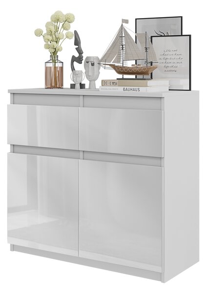 FURNICA - NOAH - Komoda / píborník se 2 zásuvkami a 2 dvíky - bílá matná / bílý lesk V75cm 80cm H35cm