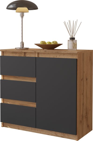 FURNICA - MIKEL - Komoda se 3 zásuvkami a 1 dvíky - dub Wotan / antracitov edá V75cm 80cm H35cm