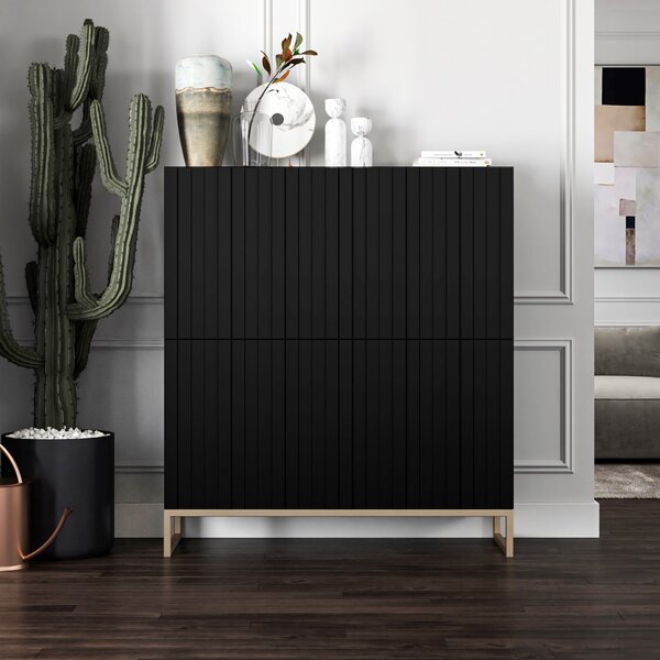 Komoda RTV Glamour 4D TV skíka Moderní Nábytek Lindner 112cm x 36,5cm x 126 cm Barva: erná matná Rám: Zlatý -kovová