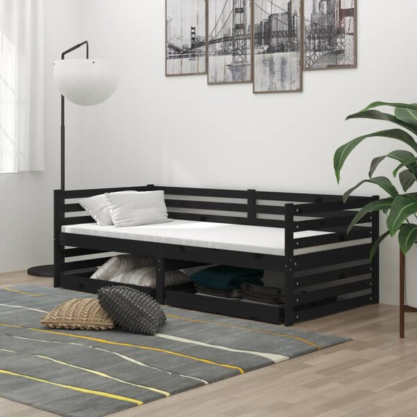 Denní postel se zásuvkami 90x200 cm černá masivní borové dřevo