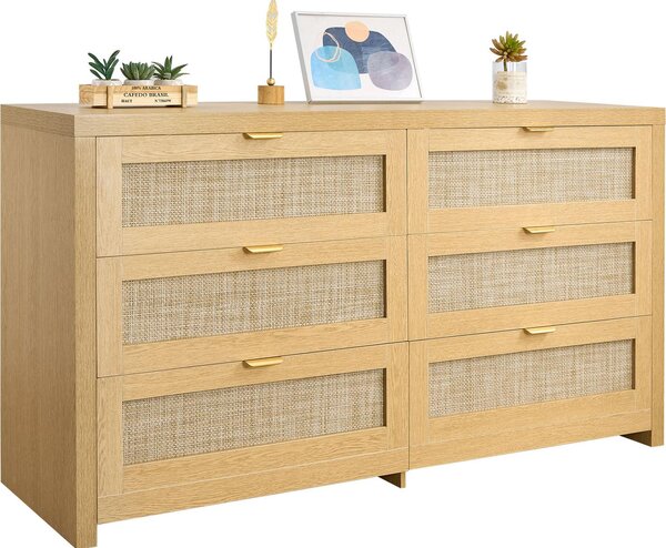 VEVOR ratanová komoda s 6 zásuvkami a kovovými úchyty, moderní ratanová skíka do lonice obývacího pokoje pedsín (144,5 x 45 x 79,5 cm) skíka se zásuvkami na obleení