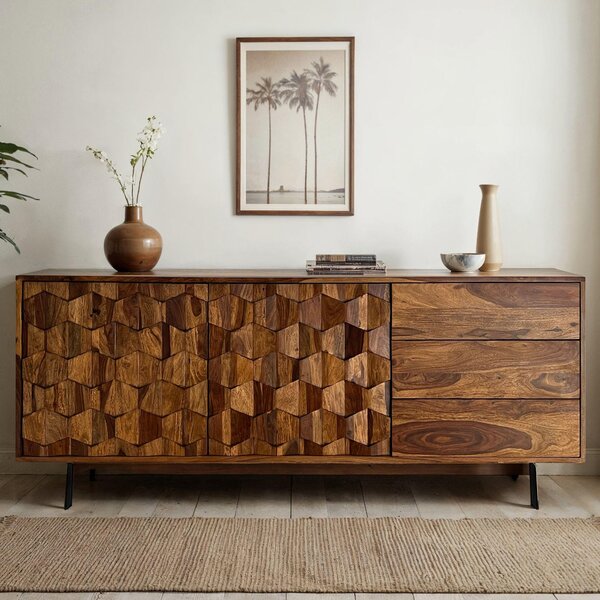 Komoda FineBuy z masivního deva sheesham, 175 cm, 2 dvíka a 3 zásuvky – masivní retro komoda s kovovými nohami – designová komoda v pírodním stylu – run vyrobená v industriálním stylu