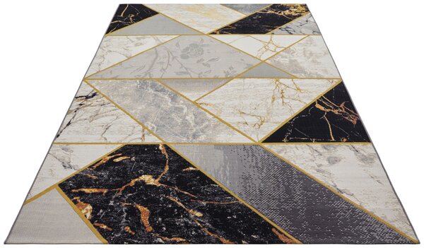 Hanse Home, Kusový koberec Flair 105610 Noble Black Grey Gold – na ven i na doma, 80x165, šedá, chodba / předsíň