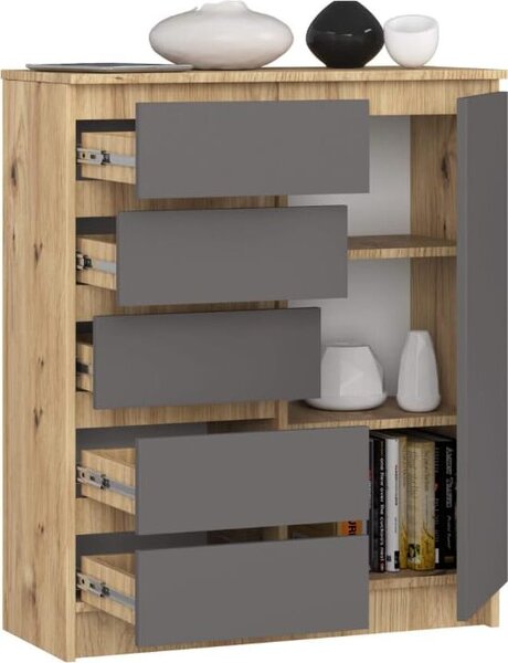 BDW - Komoda 5 zásuvek, obývací pokoj, pedsí 80x97x35, dub Artisan / edá