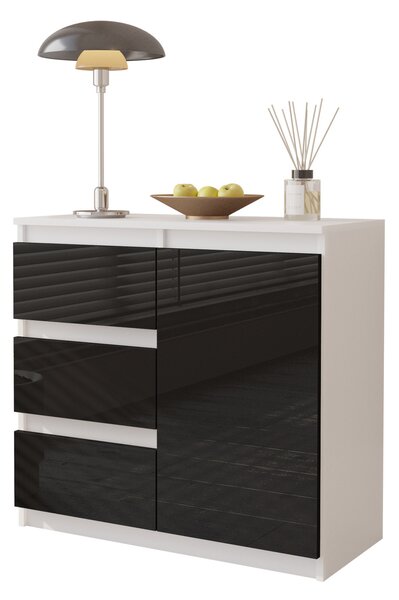FURNICA - MIKEL - Komoda / píborník se 3 zásuvkami a 1 dvíky - bílý mat / erný lesk V75cm 80cm H35cm