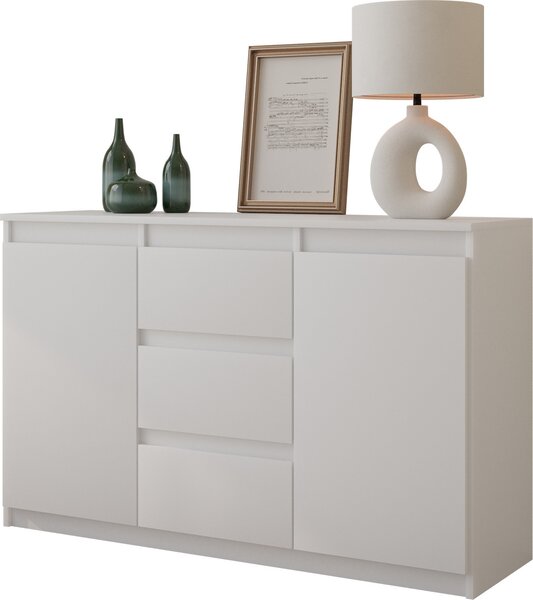 FURNICA - MIKEL - Komoda se 3 zásuvkami a 2 dvíky - bílá matná V75cm 120cm H35cm