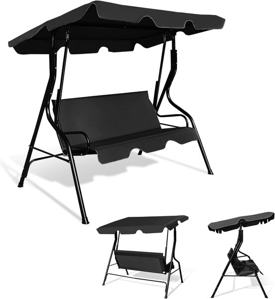 KOMFOTTEU Hollywoodská houpaka pro 3 osoby, houpací lavice s nastavitelnou stíkou, zahradní houpací závsná lavice s ocelovým rámem, 172x110x154 cm (erná)
