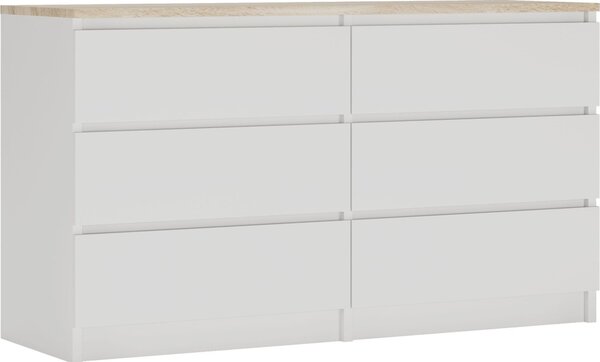 Komoda 6 zásuvek, barva: matná bílá / dub Sonoma TOP, 138 x 78 x 39 cm