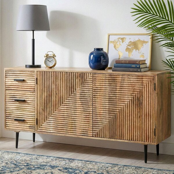 FineBuy Sideboard Mango Masivní dřevo 160 cm Komoda 2 dveře a 3 zásuvky Skí do pedsín Skí do obývacího pokoje Kovové nohy Servírovací stolek Stojanová skí Runí výroba