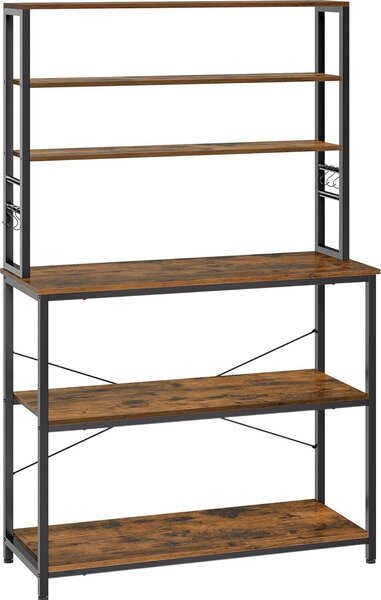 VASAGLE Kuchyský regál Kávovar 6 polic a 6 hák pro mikrovlnnou troubu Ocelový rám Industriální styl 40 x 100 x 167 cm Rustikální hndá a erná barva
