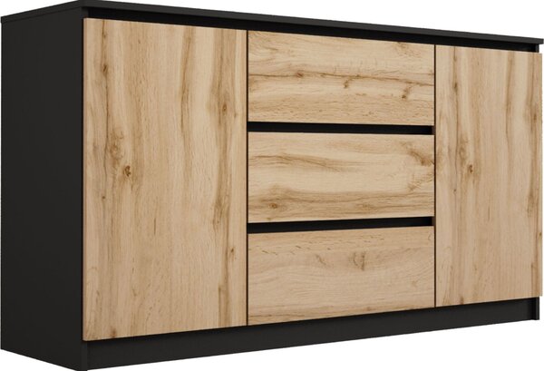 Komoda : 3 zásuvky a 2 dvíka, barva: erná / dub Wotan, 140 x 79 x 39 cm