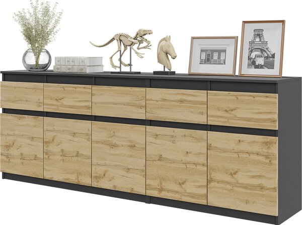 NOAH - Komoda s 5 zásuvkami a 5 dvíky - Komoda do lonice Úloná skíka Píborník - antracit / dub Wotan V75cm 200cm H35cm