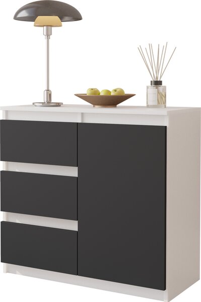 FURNICA - MIKEL - Komoda se 3 zásuvkami a 1 dvíky - bílá matná / antracitov edá V75cm 80cm H35cm
