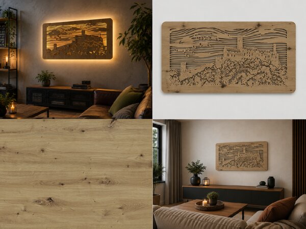 "Bezděz" světelný obraz s baterií a pohybovým čidlem 100x50 cm provedení povrchu: dub světlý