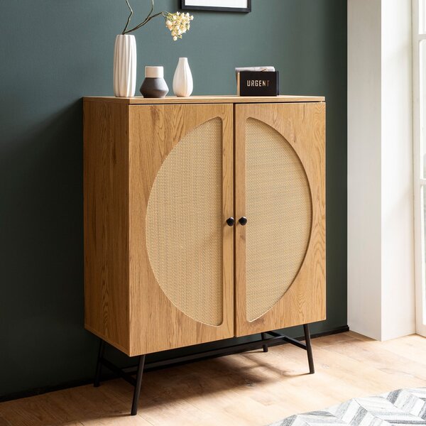 Píborník 80x103x39 cm Imitace highboard dub s ratanovým výpletem moderní, vysoká komoda, stojací skí se 2 dvemi, komoda píborník obývací pokoj | Wohnling
