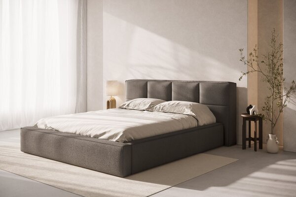 Micadoni Tmavě hnědá bouclé dvoulůžková postel Simon 160 x 200 cm s úložným prostorem