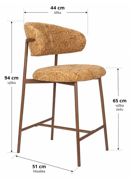 White Label Okrově žlutá čalouněná barová židle CLAES 65 cm