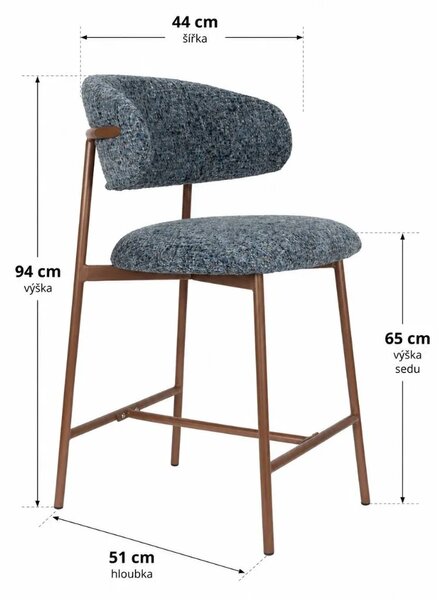 White Label Modrá čalouněná barová židle CLAES 65 cm