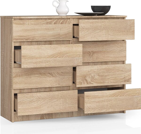 BDW, komoda s 8 zásuvkami, 120x99x40 cm, spousta úloného prostoru, dub Sonoma