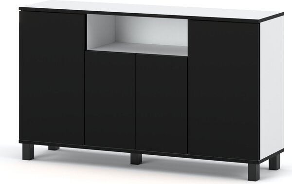 STIV Möbel | Komoda 140x35x80 cm Bílý Mat / erný Mat | 4 dvíka | 9 polic | Moderní styl do lonice a obýváku