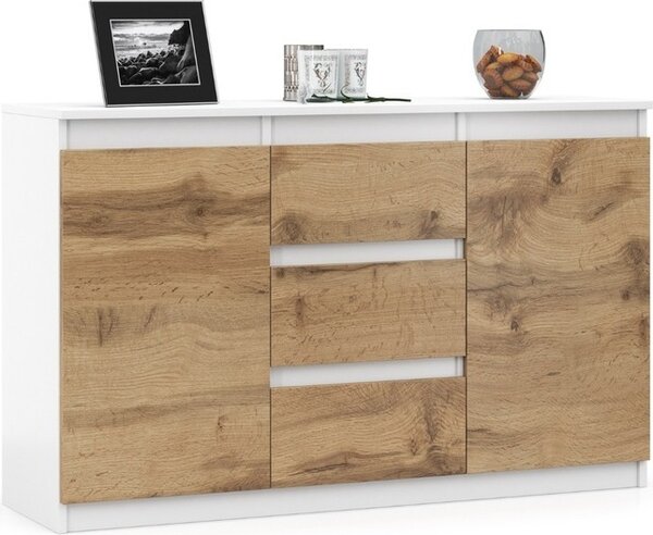 VBChome Komoda 120 x 35 x 75 cm se 3 zásuvkami a 2 dvíky Bílá - Dub Wotan Komoda bez úchytek Víceúelová skí do pedsín Lonice