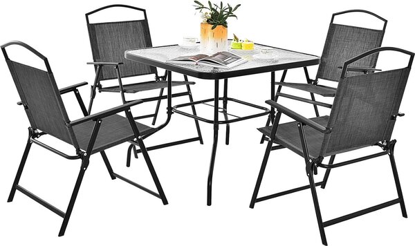 KOMFOTTEU bistro set z textilie Textilene, 5dílný zahradní set, stl s otvorem pro sluneník 50 kg, skládací idle 150 kg, edá barva