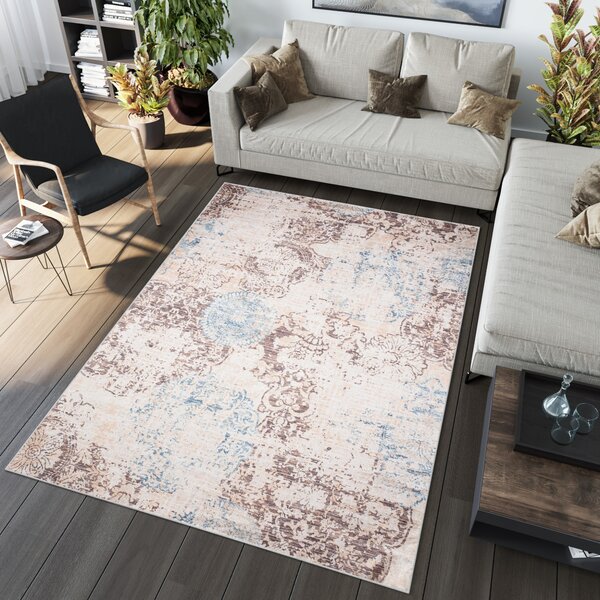 Makro Abra Kusový koberec pratelný TOSCANA 43850 Moderní pogumovaný krémový hnědý modrý Rozměr: 80x150 cm
