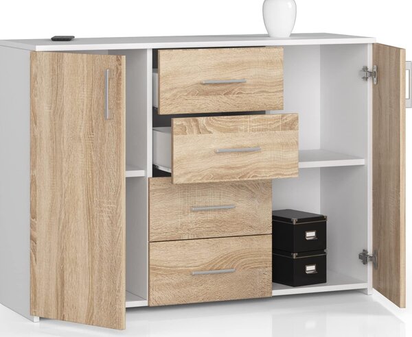 Komoda se 4 zásuvkami a 2 dvíky, 110x80x35, obývací pokoj, bílá / dub Sonoma