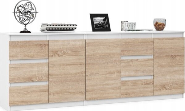 VBChome Dv komody 80 x 35 x 75 cm a 120 x 35 x 75 cm se 6 zásuvkami a 3 dvíky Bílá - Dub Sonoma Bezúchytková komoda Lonice