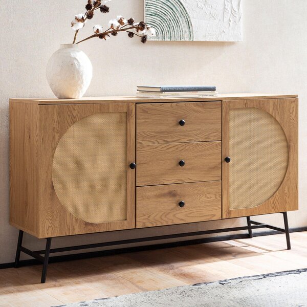 Komoda 140x80x40 cm Imitace dub s ratanovým výpletem moderní, vysoká komoda, stojací skí se 2 dvíky a 3 uplíky, píborník obývací pokoj | Wohnling