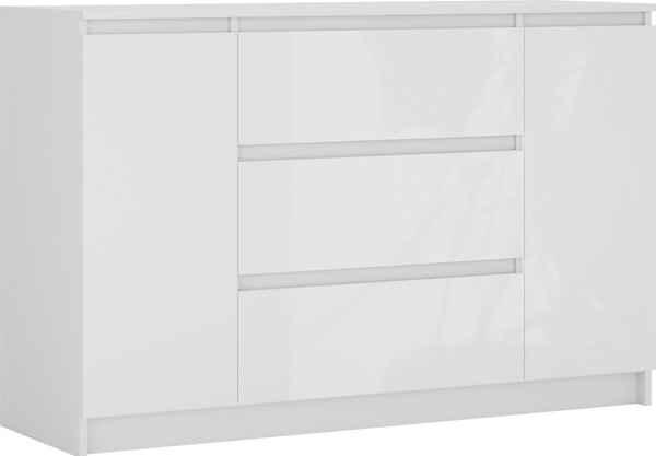 Komoda, matná bílá, lesklá bílá, 120 x 39 x 78 cm, 2 dvíka, 3 zásuvky