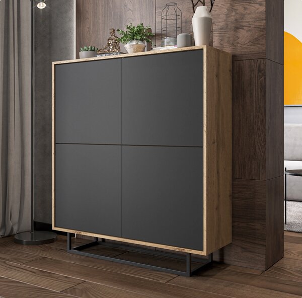 Komoda RTV ve stylu loft Dub Wotan Apollo 4D - Moderní - Nábytek Lindner - 113 cm x 35 cm x 127 cm, Barva: dub Wotan matný - Grafitový mat