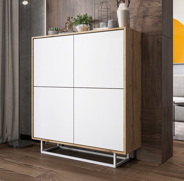 Komoda RTV ve stylu loft Dub Wotan Apollo 4D - Moderní - Nábytek Lindner - 113 cm x 35 cm x 127 cm, Barva: dub Wotan matný - Bílý matný