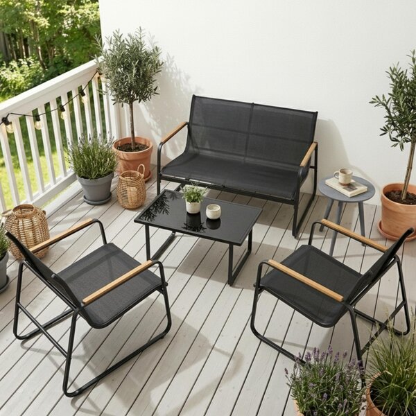 Home Collective Zahradní souprava Lounge nábytek Venkovní zahradní souprava Zahradní nábytek 4dílná souprava | s konferenním stolkem | robustní a snadno udrovatelná, vyrobená z oceli a textilene | pro terasu, balkon a zahradu | erná