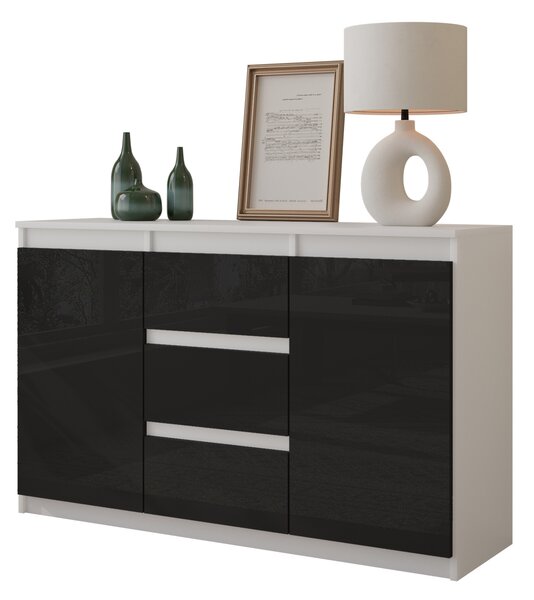 FURNICA - MIKEL - Komoda / píborník se 3 zásuvkami a 2 dvíky - bílý mat / erný lesk V75cm 120cm H35cm