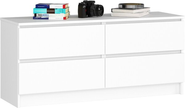 Komoda bílá 120 cm široká se 4 zásuvkami, do ložnice a obývacího pokoje, univerzální do předsíně a dětského pokoje
