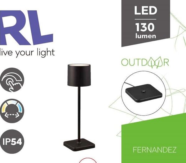 TRIO Reality R54096132 FERNANDEZ venkovní stolní lampička SMD LED V380mm 1,5W/130lm 2700+4000+6000K IP54 černá matná, nabíjecí baterie, USB-C port