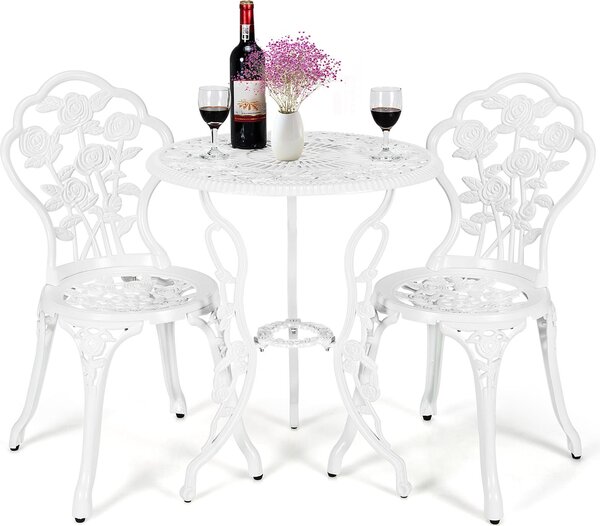 3dílný bistro set, bistro stl se 2 idlemi, hliník, zahradní set balkonový set staroitný, kulatý, balkonový nábytek zahradní sedací souprava, bílý