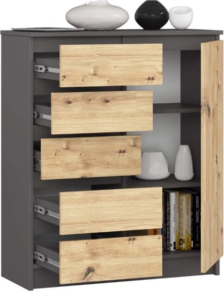 BDW - Komoda 5 zásuvek, obývací pokoj, pedsí 80x97x35, edá / dub-artisan