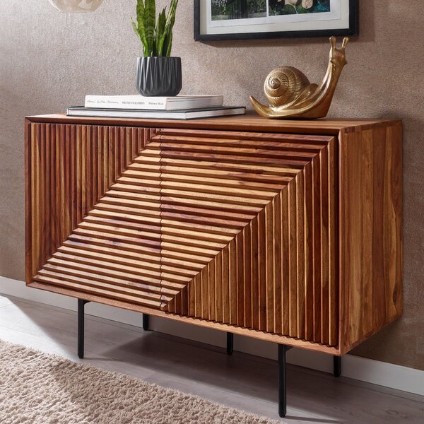 FineBuy Sideboard Sheesham masivní dřevo 100 cm se 2 dvíky - Masivní retro komoda s ernými nohami - Designový pírodní píborník - Run vyrobený v industriálním stylu