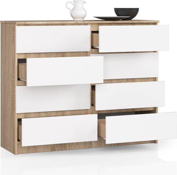 BDW, komoda s 8 zásuvkami, 120x99x40 cm, spousta úloného prostoru, dub Sonoma - bílá