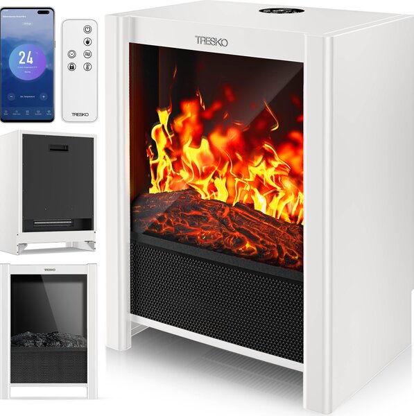 TRESKO® Elektrický krb s ohevem a dálkovým ovládáním 2000W, aplikace WiFi | elektrický krb s efektem plamene LED a LCD displejem | krbový ohe s termostatem, asovaem | elektrická krbová kamna voln stojící ohíva s ventilátorem