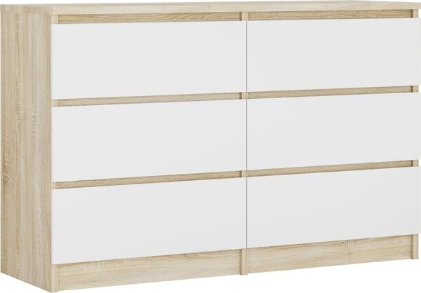 Komoda 6 zásuvek, barva: dub Sonoma / matná bílá, 120 cm x 39 cm x 78 cm