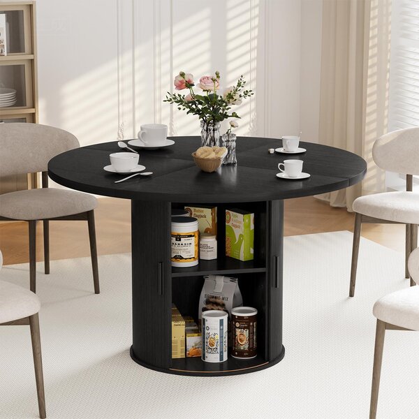 Hommpa Kulatý jídelní stl 120 cm s úloným prostorem, kuchyský stl pro 4 osoby, 2 police a posuvné dveře, stabilní devný stl se podstavcem, erný