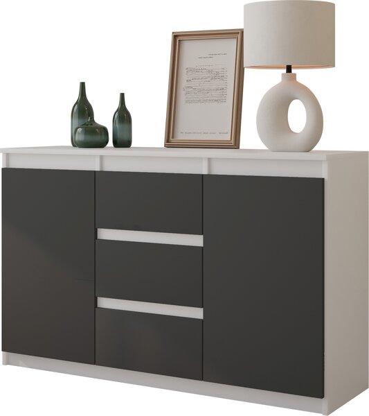 FURNICA - MIKEL - Komoda se 3 zásuvkami a 2 dvíky - bílá matná / atracitov edá V75cm 120cm H35cm