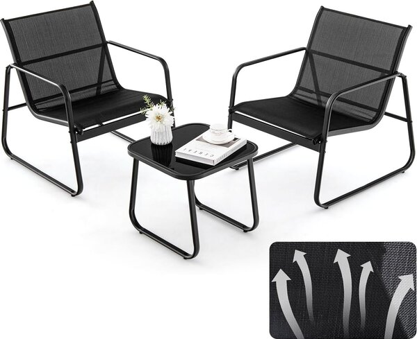KOMFOTTEU 3 KS. Balkónový set bistro set, sada balkónového nábytku se 2 stohovatelnými idlemi z textilie Textilene a zahradním stolem, zahradní sedací souprava (erná)