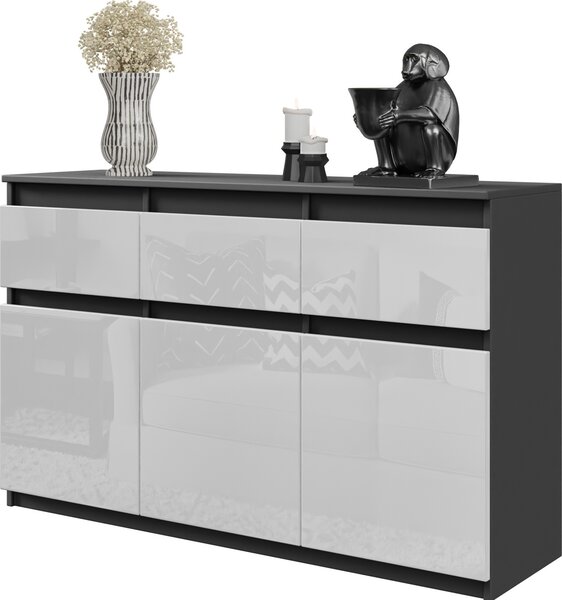 FURNICA - NOAH - Komoda / píborník se 3 zásuvkami a 3 dvíky - antracitov edá / bílý lesk V75cm 120cm H35cm