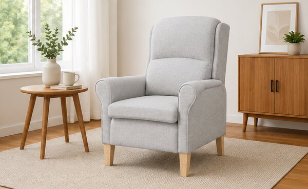 Relaxační křeslo, odpočinkové, ušák, dřevo/textil, 101x95x75 cm, přírodní/šedá oblačná, Dekorino KR20260043